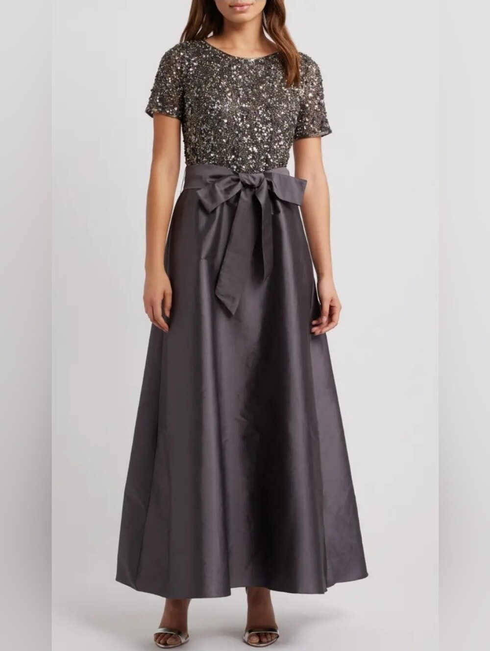 Sz 6 - Pisarro Nights Beaded Bodice Mixed Media Gown - NO BELT